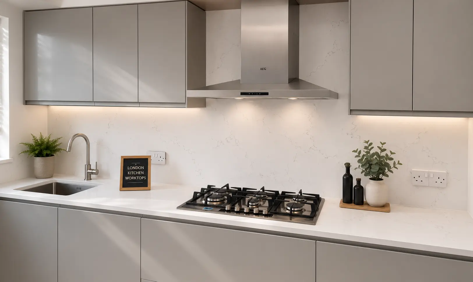 White quartz worktops in a Maidenhead family kitchen with light cabinetry