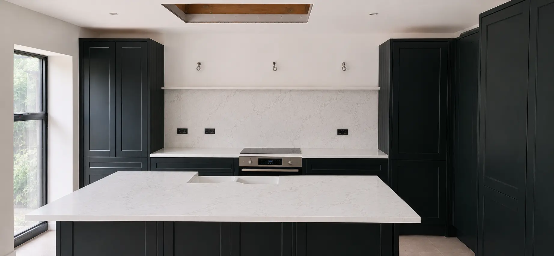 White quartz worktops fitted in a Ruislip family kitchen