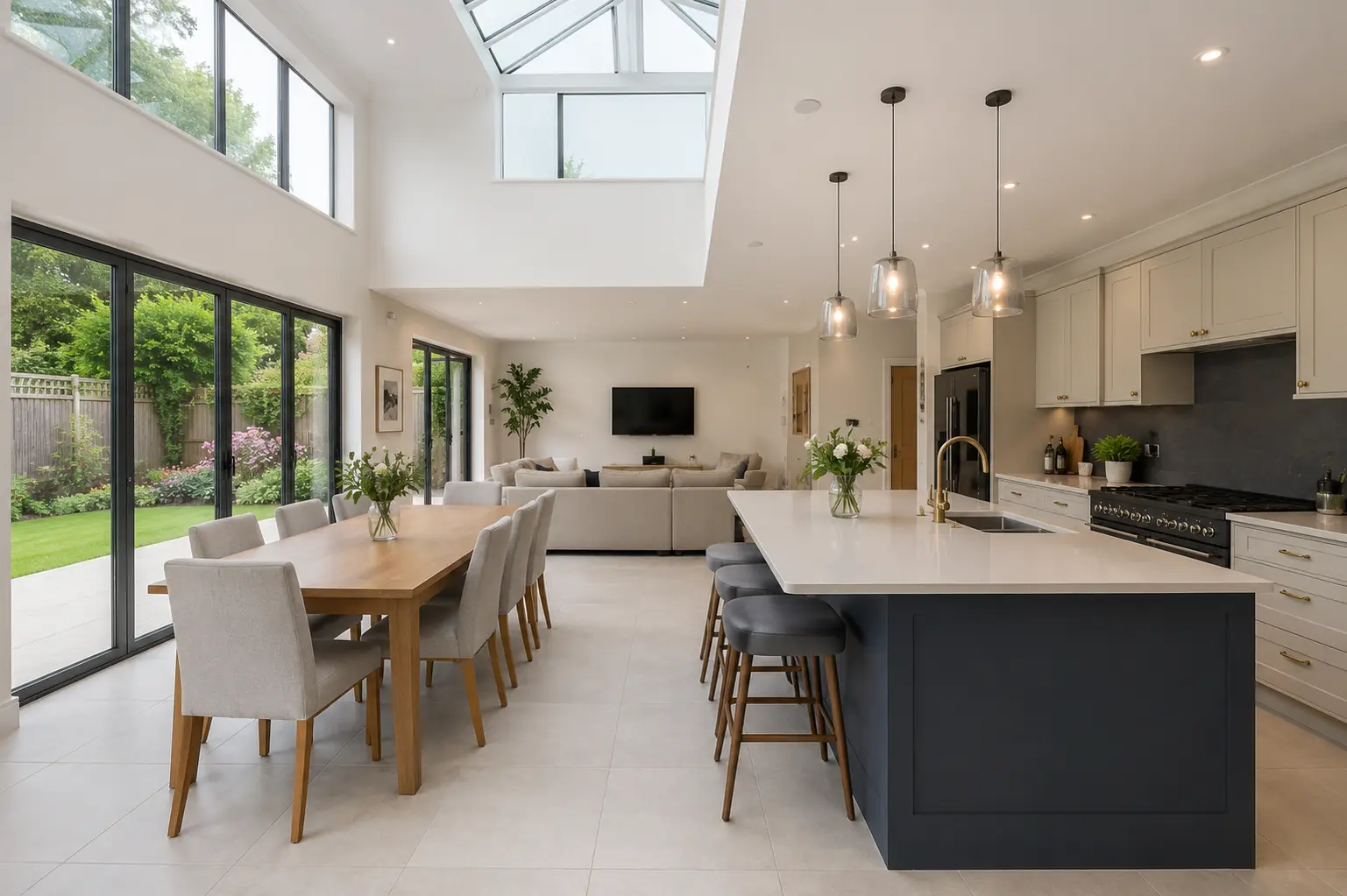 White Quartz Worktops Wimbledon Period Home White quartz worktops in a Wimbledon period home kitchen extension with garden-facing doors